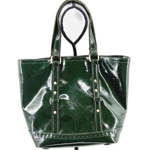 Gap Forest Green Shopper Purse Bag Faux Patent Leather Brass Accent Plaid Lining